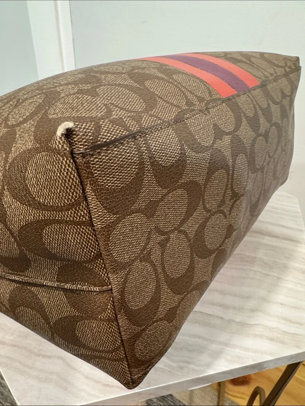 Coach Bag Signature Varsity City Zip Brown Tote with Logo Signature Stripe
